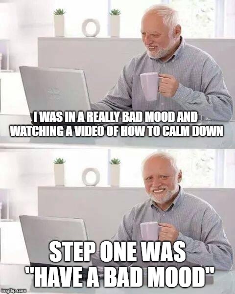 Hide the Pain Harold Meme | I WAS IN A REALLY BAD MOOD AND WATCHING A VIDEO OF HOW TO CALM DOWN; STEP ONE WAS "HAVE A BAD MOOD" | image tagged in memes,hide the pain harold | made w/ Imgflip meme maker