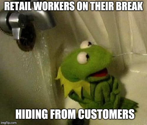 Kermit on Shower | RETAIL WORKERS ON THEIR BREAK; HIDING FROM CUSTOMERS | image tagged in kermit on shower | made w/ Imgflip meme maker