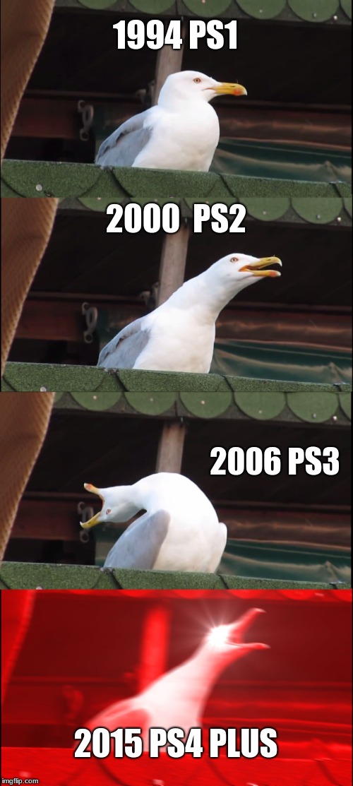 Inhaling Seagull Meme | 1994 PS1; 2000  PS2; 2006 PS3; 2015 PS4 PLUS | image tagged in memes,inhaling seagull | made w/ Imgflip meme maker