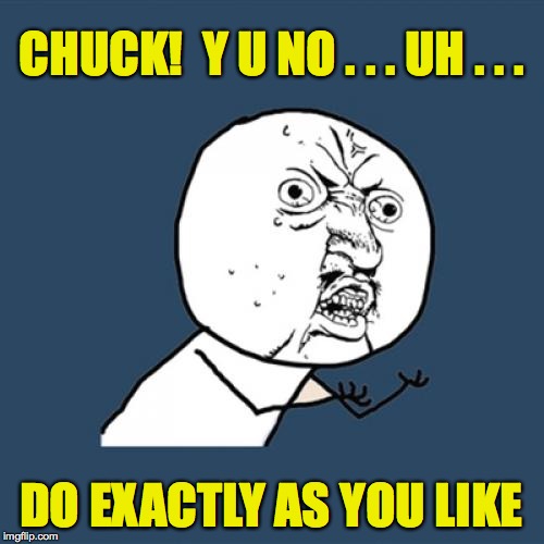 Y U No Meme | CHUCK!  Y U NO . . . UH . . . DO EXACTLY AS YOU LIKE | image tagged in memes,y u no | made w/ Imgflip meme maker