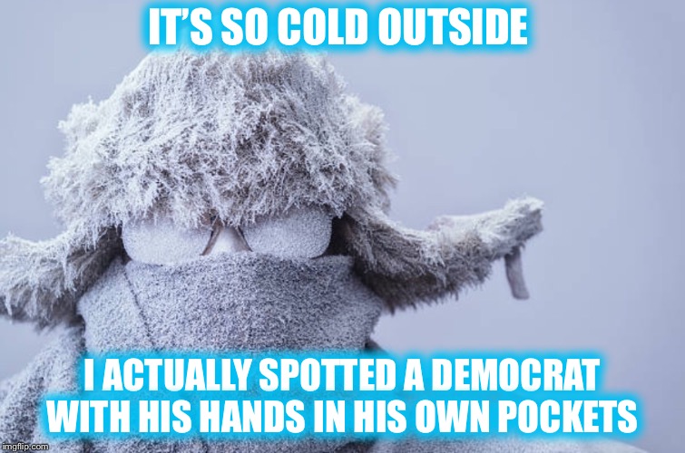 It was just a temporary thing... | IT’S SO COLD OUTSIDE; I ACTUALLY SPOTTED A DEMOCRAT WITH HIS HANDS IN HIS OWN POCKETS | image tagged in winter,cold | made w/ Imgflip meme maker