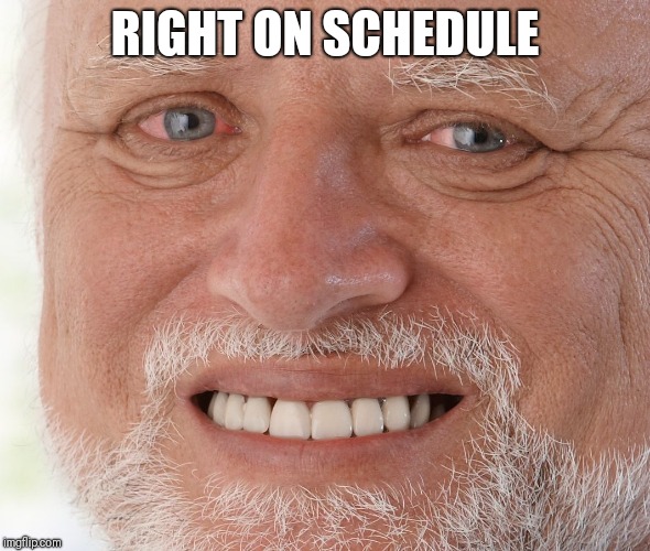 Hide the Pain Harold | RIGHT ON SCHEDULE | image tagged in hide the pain harold | made w/ Imgflip meme maker