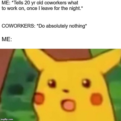 Surprised Pikachu | ME: *Tells 20 yr old coworkers what to work on, once I leave for the night.*; COWORKERS: *Do absolutely nothing*; ME: | image tagged in memes,surprised pikachu | made w/ Imgflip meme maker