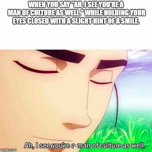 Ah,I see you are a man of culture as well | WHEN YOU SAY "AH, I SEE YOU'RE A MAN OF CULTURE AS WELL." WHILE HOLDING YOUR EYES CLOSED WITH A SLIGHT HINT OF A SMILE. | image tagged in ah i see you are a man of culture as well | made w/ Imgflip meme maker