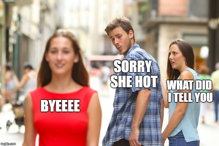 Distracted Boyfriend Meme | SORRY SHE HOT; WHAT DID I TELL YOU; BYEEEE | image tagged in memes,distracted boyfriend | made w/ Imgflip meme maker