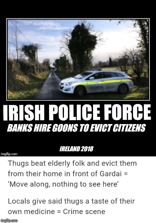 A Dog Died. A Dog. Died. | IRISH POLICE FORCE; BANKS HIRE GOONS TO EVICT CITIZENS; IRELAND 2018 | image tagged in demotivated garda unit,vigilante,scumbag government,hired goons,banks,ireland | made w/ Imgflip meme maker