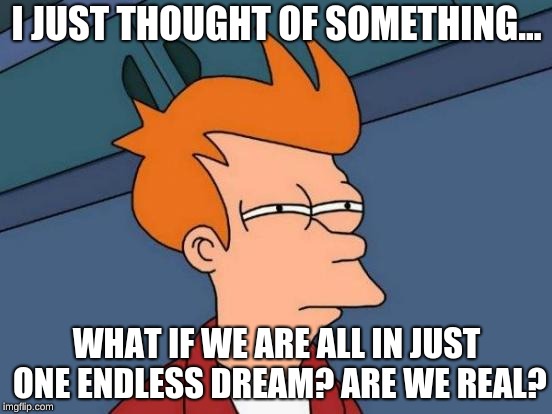 Futurama Fry Meme | I JUST THOUGHT OF SOMETHING... WHAT IF WE ARE ALL IN JUST ONE ENDLESS DREAM? ARE WE REAL? | image tagged in memes,futurama fry | made w/ Imgflip meme maker