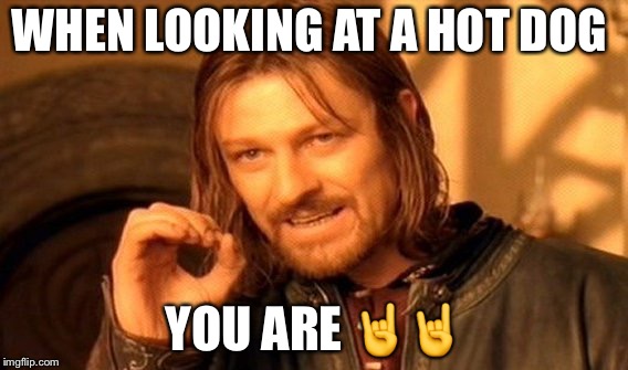 One Does Not Simply | WHEN LOOKING AT A HOT DOG; YOU ARE 🤘🤘 | image tagged in memes,one does not simply | made w/ Imgflip meme maker