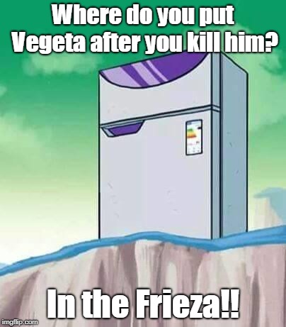 fridge frieza | Where do you put Vegeta after you kill him? In the Frieza!! | image tagged in fridge frieza | made w/ Imgflip meme maker