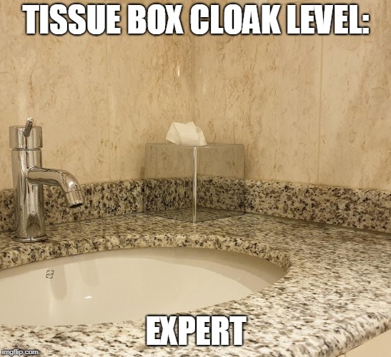 Mirrored box is almost invisible! | TISSUE BOX CLOAK LEVEL:; EXPERT | image tagged in tissue,level expert | made w/ Imgflip meme maker