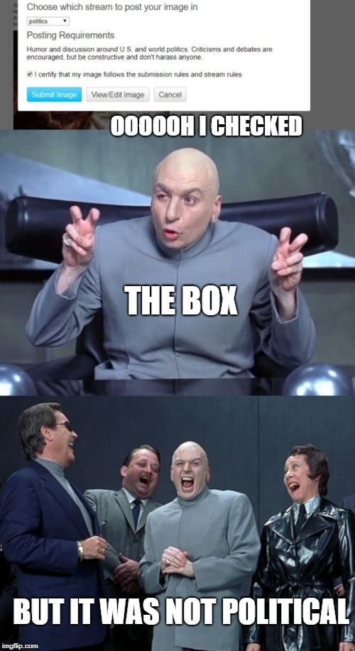 True Evil | OOOOOH I CHECKED; THE BOX; BUT IT WAS NOT POLITICAL | image tagged in memes,laughing villains,dr evil quotes,funny,imgflip | made w/ Imgflip meme maker