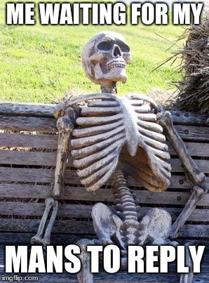 Waiting Skeleton | ME WAITING FOR MY; MANS TO REPLY | image tagged in memes,waiting skeleton | made w/ Imgflip meme maker