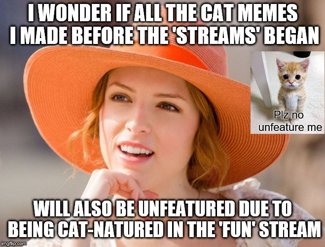 Can I haz my memes back? | I WONDER IF ALL THE CAT MEMES I MADE BEFORE THE 'STREAMS' BEGAN; Plz no unfeature me; WILL ALSO BE UNFEATURED DUE TO BEING CAT-NATURED IN THE 'FUN' STREAM | image tagged in condescending kendrick | made w/ Imgflip meme maker