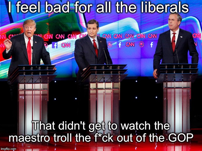 It was genuinely entertaining | I feel bad for all the liberals; That didn't get to watch the maestro troll the f*ck out of the GOP | image tagged in politics,presidential debate,trump to gop,troll | made w/ Imgflip meme maker