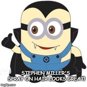Stephen Miller Minion Hair | STEPHEN MILLER'S SPRAY ON HAIR LOOKS GREAT! | image tagged in miller,minion,dracula | made w/ Imgflip meme maker