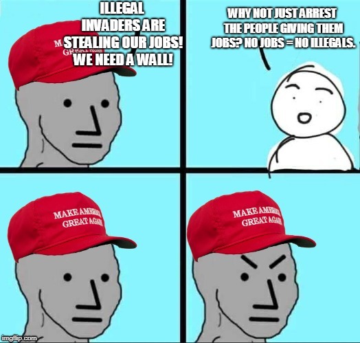 Seems like way less poeple to deal with and less expensive than a wall. | WHY NOT JUST ARREST THE PEOPLE GIVING THEM JOBS? NO JOBS = NO ILLEGALS. ILLEGAL INVADERS ARE STEALING OUR JOBS! WE NEED A WALL! | image tagged in maga npc,trump | made w/ Imgflip meme maker