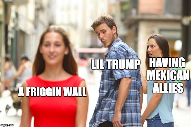 Distracted Boyfriend | LIL TRUMP; HAVING MEXICAN ALLIES; A FRIGGIN WALL | image tagged in memes,distracted boyfriend | made w/ Imgflip meme maker