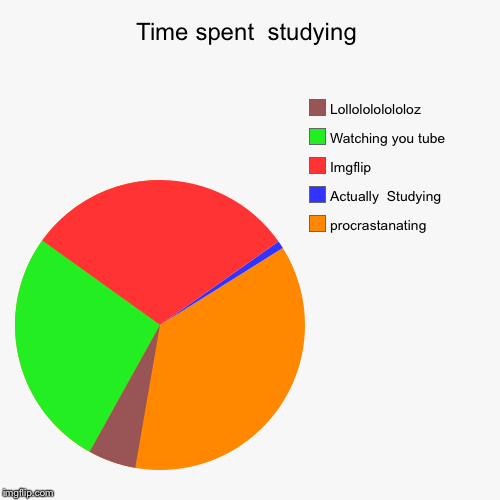 Time spent  studying | procrastanating, Actually  Studying , Imgflip, Watching you tube, Lollolololololoz | image tagged in funny,pie charts | made w/ Imgflip chart maker