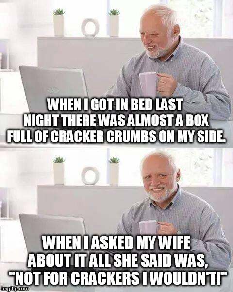 Twisting an old joke. If you have to ask, find someone who lived in the 70s | WHEN I GOT IN BED LAST NIGHT THERE WAS ALMOST A BOX FULL OF CRACKER CRUMBS ON MY SIDE. WHEN I ASKED MY WIFE ABOUT IT ALL SHE SAID WAS, "NOT FOR CRACKERS I WOULDN'T!" | image tagged in memes,hide the pain harold | made w/ Imgflip meme maker