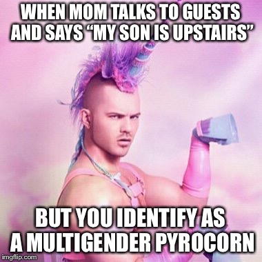 Unicorn MAN | WHEN MOM TALKS TO GUESTS AND SAYS “MY SON IS UPSTAIRS”; BUT YOU IDENTIFY AS A MULTIGENDER PYROCORN | image tagged in memes,unicorn man | made w/ Imgflip meme maker