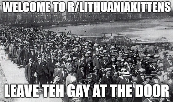 Mass Exodus | WELCOME TO R/LITHUANIAKITTENS; LEAVE TEH GAY AT THE DOOR | image tagged in mass exodus | made w/ Imgflip meme maker