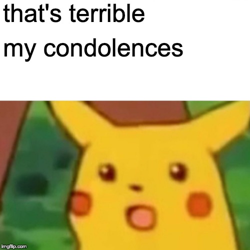 Surprised Pikachu Meme | that's terrible my condolences | image tagged in memes,surprised pikachu | made w/ Imgflip meme maker
