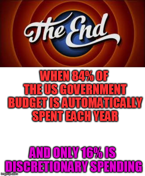 WHEN 84% OF THE US GOVERNMENT BUDGET IS AUTOMATICALLY SPENT EACH YEAR; AND ONLY 16% IS DISCRETIONARY SPENDING | image tagged in blank white template,the end | made w/ Imgflip meme maker