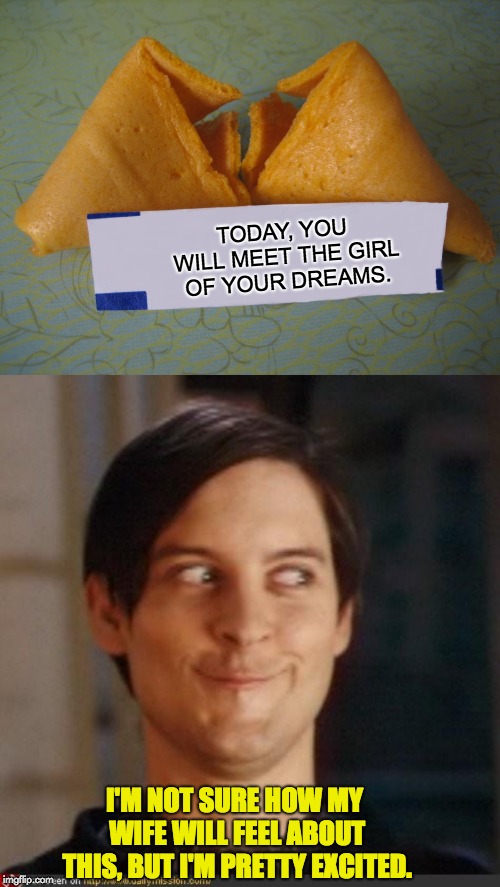 TODAY, YOU WILL MEET THE GIRL OF YOUR DREAMS. I'M NOT SURE HOW MY WIFE WILL FEEL ABOUT THIS, BUT I'M PRETTY EXCITED. | image tagged in that look you give your friend,blank fortune cookie | made w/ Imgflip meme maker