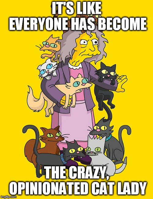 Crazy Cat Lady | IT'S LIKE EVERYONE HAS BECOME; THE CRAZY, OPINIONATED CAT LADY | image tagged in crazy cat lady | made w/ Imgflip meme maker