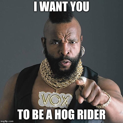 Mr T Pity The Fool | I WANT YOU; TO BE A HOG RIDER | image tagged in memes,mr t pity the fool | made w/ Imgflip meme maker