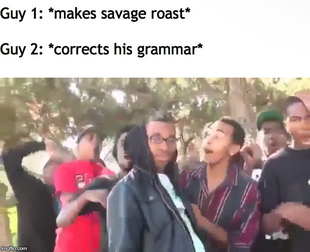 ROSTED | Guy 2: *corrects his grammar*; Guy 1: *makes savage roast* | image tagged in ohhhh,savage,grammar | made w/ Imgflip meme maker