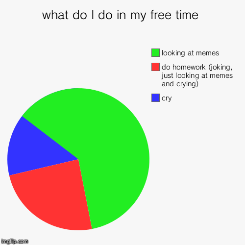 what do I do in my free time | cry, do homework (joking, just looking at memes and crying), looking at memes | image tagged in funny,pie charts | made w/ Imgflip chart maker