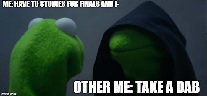 Evil Kermit | ME: HAVE TO STUDIES FOR FINALS AND I-; OTHER ME: TAKE A DAB | image tagged in memes,evil kermit | made w/ Imgflip meme maker