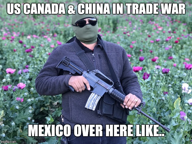 US CANADA & CHINA IN TRADE WAR; MEXICO OVER HERE LIKE.. | image tagged in donald trump,justin trudeau,chinese food,el chapo | made w/ Imgflip meme maker