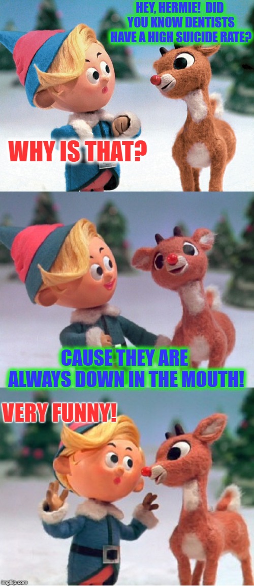 Hermie and Rudolph | HEY, HERMIE!  DID YOU KNOW DENTISTS HAVE A HIGH SUICIDE RATE? WHY IS THAT? CAUSE THEY ARE ALWAYS DOWN IN THE MOUTH! VERY FUNNY! | image tagged in rudolph and hermie | made w/ Imgflip meme maker