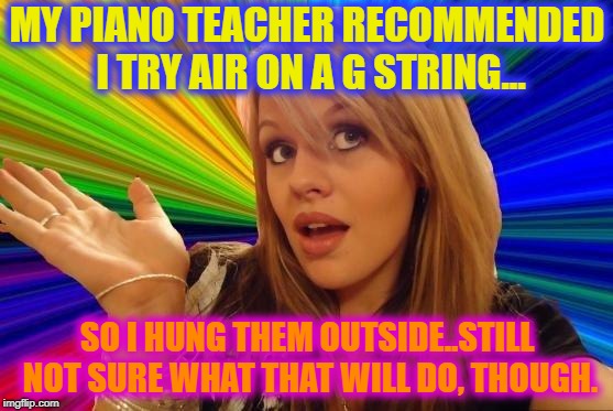 Yes, I'm Bach for more | MY PIANO TEACHER RECOMMENDED I TRY AIR ON A G STRING... SO I HUNG THEM OUTSIDE..STILL NOT SURE WHAT THAT WILL DO, THOUGH. | image tagged in memes,dumb blonde | made w/ Imgflip meme maker