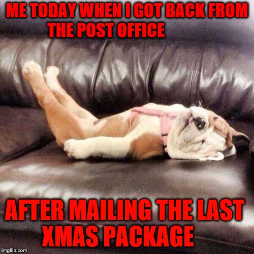 Tired Dog | ME TODAY WHEN I GOT BACK FROM    THE POST OFFICE; AFTER MAILING THE LAST        XMAS PACKAGE | image tagged in tired dog | made w/ Imgflip meme maker