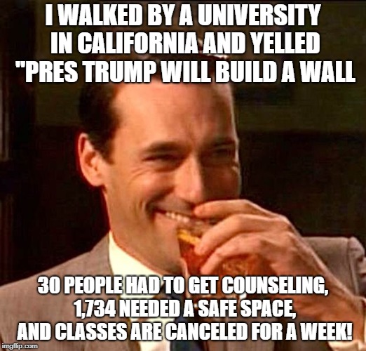 drinking whiskey |  I WALKED BY A UNIVERSITY IN CALIFORNIA AND YELLED "PRES TRUMP WILL BUILD A WALL; 30 PEOPLE HAD TO GET COUNSELING, 1,734 NEEDED A SAFE SPACE, AND CLASSES ARE CANCELED FOR A WEEK! | image tagged in drinking whiskey,trump wall,triggered,offended,college,liberal | made w/ Imgflip meme maker