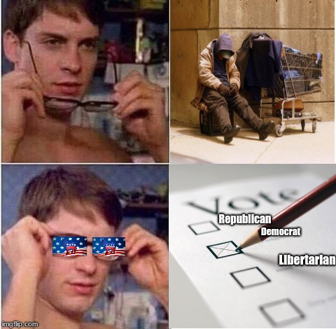 What other reason do they tax people so much and make opening a business near-impossible? | Republican; Democrat; Libertarian | image tagged in peter parker glasses,memes,democrats,homeless | made w/ Imgflip meme maker