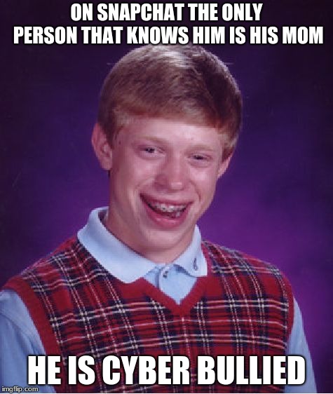 Bad Luck Brian | ON SNAPCHAT THE ONLY PERSON THAT KNOWS HIM IS HIS MOM; HE IS CYBER BULLIED | image tagged in memes,bad luck brian | made w/ Imgflip meme maker