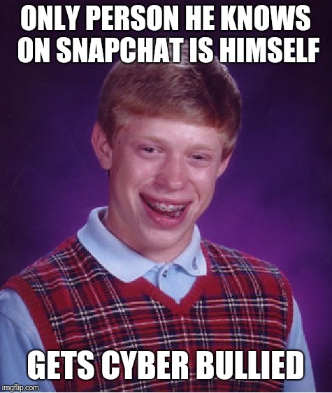 Bad Luck Brian Meme | ONLY PERSON HE KNOWS ON SNAPCHAT IS HIMSELF GETS CYBER BULLIED | image tagged in memes,bad luck brian | made w/ Imgflip meme maker