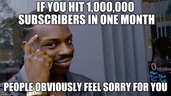 Roll Safe Think About It Meme | IF YOU HIT 1,000,000 SUBSCRIBERS IN ONE MONTH; PEOPLE OBVIOUSLY FEEL SORRY FOR YOU | image tagged in memes,roll safe think about it | made w/ Imgflip meme maker