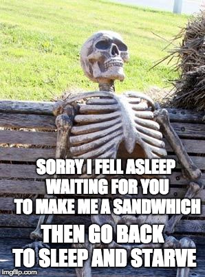 Waiting Skeleton | SORRY I FELL ASLEEP WAITING FOR YOU TO MAKE ME A SANDWHICH; THEN GO BACK TO SLEEP AND STARVE | image tagged in memes,waiting skeleton | made w/ Imgflip meme maker