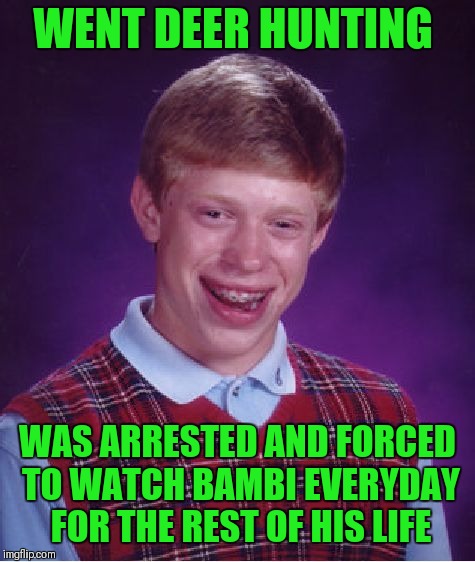 Based On A True Story!!! LOL | WENT DEER HUNTING; WAS ARRESTED AND FORCED TO WATCH BAMBI EVERYDAY FOR THE REST OF HIS LIFE | image tagged in memes,bad luck brian,poacher,bambi poacher,bambi,funny | made w/ Imgflip meme maker