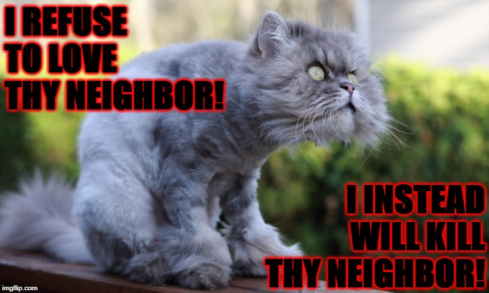 I REFUSE TO LOVE THY NEIGHBOR! I INSTEAD WILL KILL THY NEIGHBOR! | image tagged in murderous persian | made w/ Imgflip meme maker