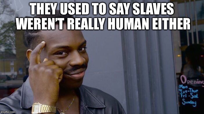 Roll Safe Think About It Meme | THEY USED TO SAY SLAVES WEREN’T REALLY HUMAN EITHER | image tagged in memes,roll safe think about it | made w/ Imgflip meme maker