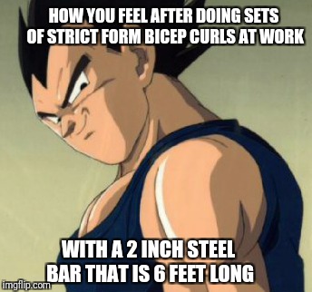 Vegeta  | HOW YOU FEEL AFTER DOING SETS OF STRICT FORM BICEP CURLS AT WORK; WITH A 2 INCH STEEL BAR THAT IS 6 FEET LONG | image tagged in vegeta | made w/ Imgflip meme maker