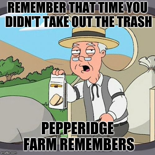 Pepperidge Farm Remembers | REMEMBER THAT TIME YOU DIDN'T TAKE OUT THE TRASH; PEPPERIDGE FARM REMEMBERS | image tagged in memes,pepperidge farm remembers | made w/ Imgflip meme maker