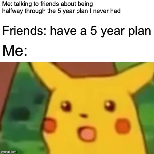 Surprised Pikachu Meme | Me: talking to friends about being halfway through the 5 year plan I never had; Friends: have a 5 year plan; Me: | image tagged in memes,surprised pikachu | made w/ Imgflip meme maker