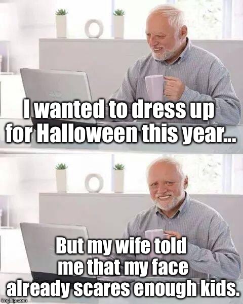 Hide the Pain Harold | I wanted to dress up for Halloween this year... But my wife told me that my face already scares enough kids. | image tagged in memes,hide the pain harold | made w/ Imgflip meme maker